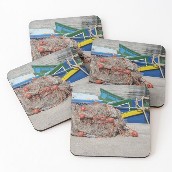 Item preview, Fishing Net With Red Floats On Harbor Dock In Front Of Colorful Fishing Boats designed and sold by Nmallia.