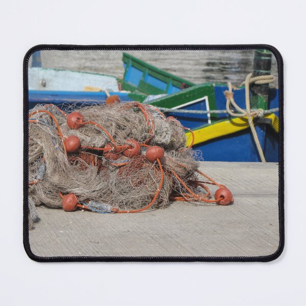 Item preview, Fishing Net With Red Floats On Harbor Dock In Front Of Colorful Fishing Boats designed and sold by Nmallia.