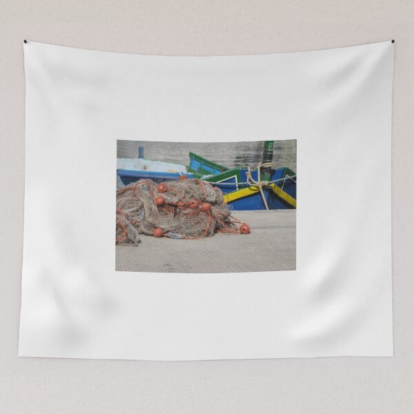 Item preview, Fishing Net With Red Floats On Harbor Dock In Front Of Colorful Fishing Boats designed and sold by Nmallia.
