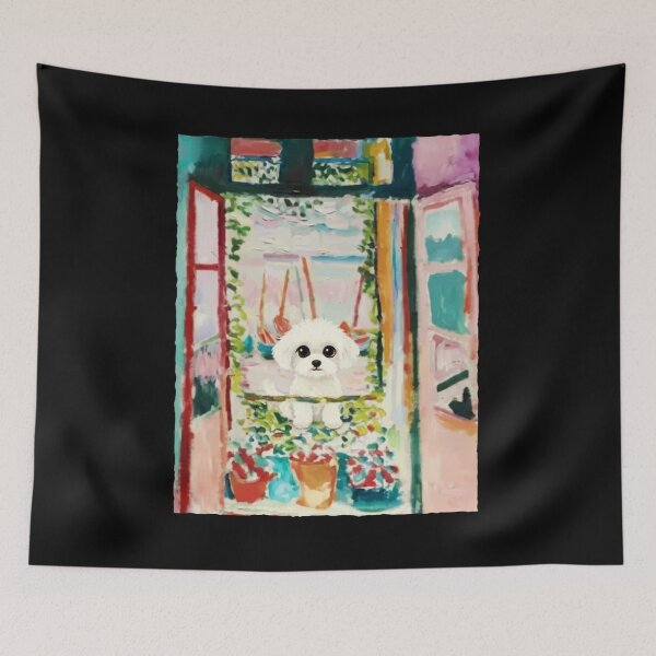 Item preview, Little White Dog By Open Window In Cozy Watercolor Painting designed and sold by JordynLadukeg65.