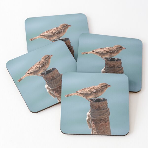 Item preview, Sparrow Perched on Rusted Post by Calm Ocean With Weathered Rope and Coastal Background designed and sold by Nmallia.