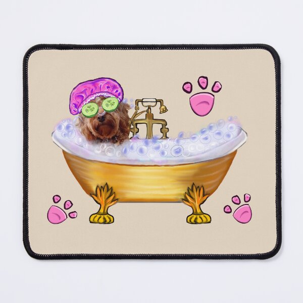 Item preview, Cavapoo in Golden Bathtub with Pink Bonnet Dog Spa Day Art designed and sold by Artonmytee.