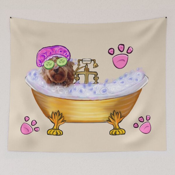 Item preview, Cavapoo in Golden Bathtub with Pink Bonnet Dog Spa Day Art designed and sold by Artonmytee.