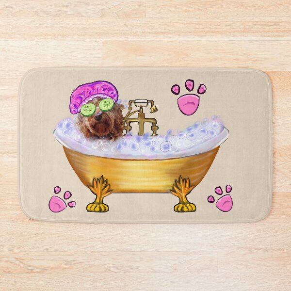 Item preview, Cavapoo in Golden Bathtub with Pink Bonnet Dog Spa Day Art designed and sold by Artonmytee.