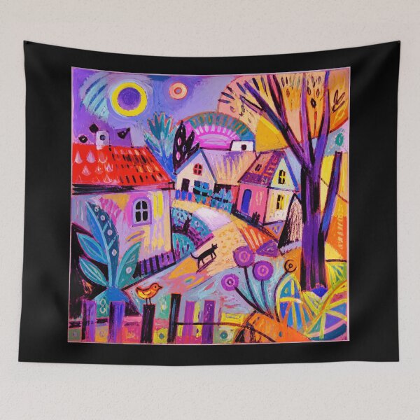Item preview, Colorful Whimsical Village Painting With Dreamy Folk Art Street Scene designed and sold by eliramaison.