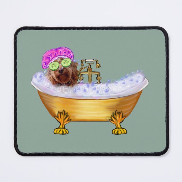 Item preview, Funny Cavapoo in Golden Bathtub with Pink Bonnet Dog Spa Day Art designed and sold by Artonmytee.