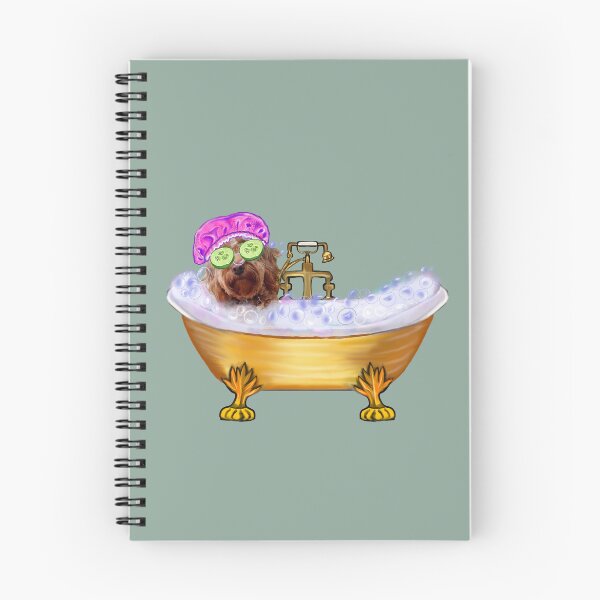 Item preview, Funny Cavapoo in Golden Bathtub with Pink Bonnet Dog Spa Day Art designed and sold by Artonmytee.