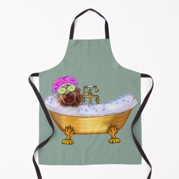 Item preview, Funny Cavapoo in Golden Bathtub with Pink Bonnet Dog Spa Day Art designed and sold by Artonmytee.