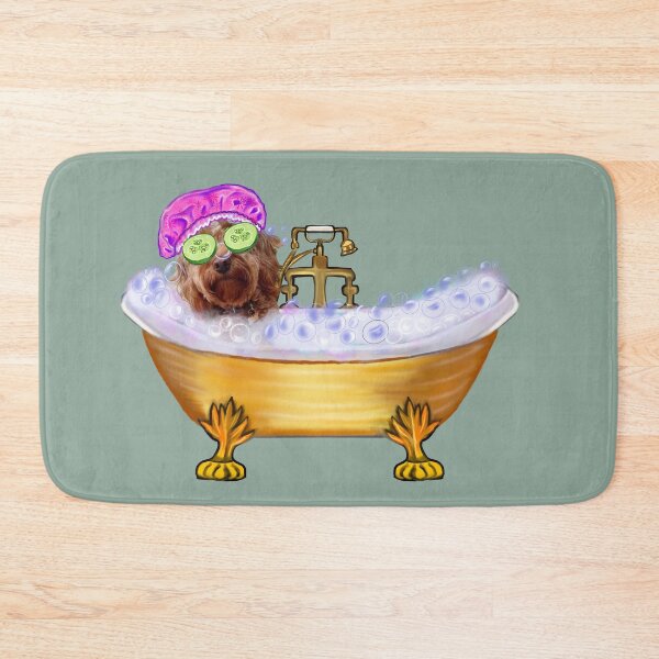 Item preview, Funny Cavapoo in Golden Bathtub with Pink Bonnet Dog Spa Day Art designed and sold by Artonmytee.