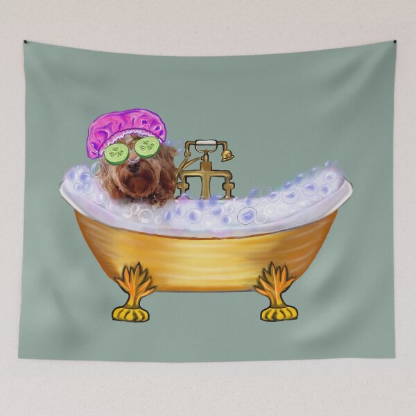 Item preview, Funny Cavapoo in Golden Bathtub with Pink Bonnet Dog Spa Day Art designed and sold by Artonmytee.