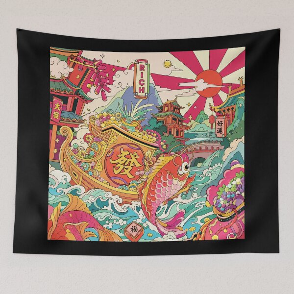 Item preview, Lucky Koi Prosperity Boat With Vibrant Asian Fantasy Market Scene designed and sold by eliramaison.