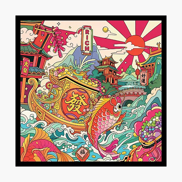 Item preview, Lucky Koi Prosperity Boat With Vibrant Asian Fantasy Market Scene designed and sold by eliramaison.