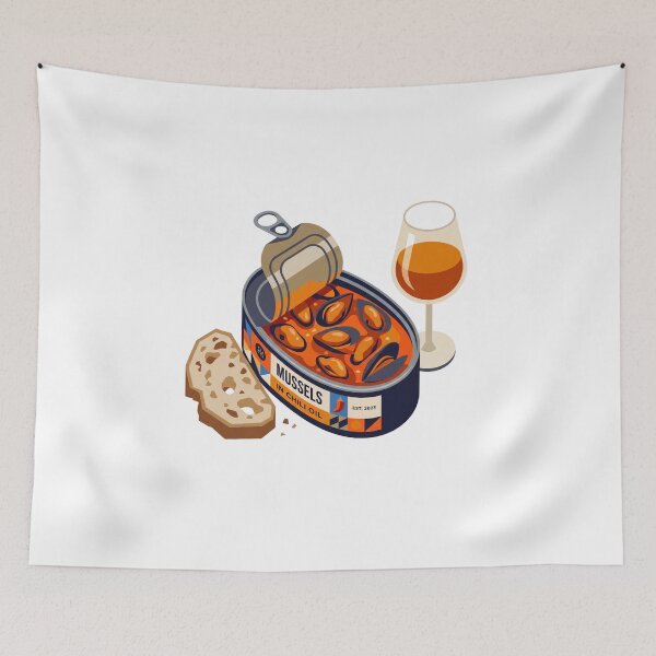 Item preview, Spicy Mussels Tin Natural Wine Bar Flat Lay designed and sold by ryanguas.