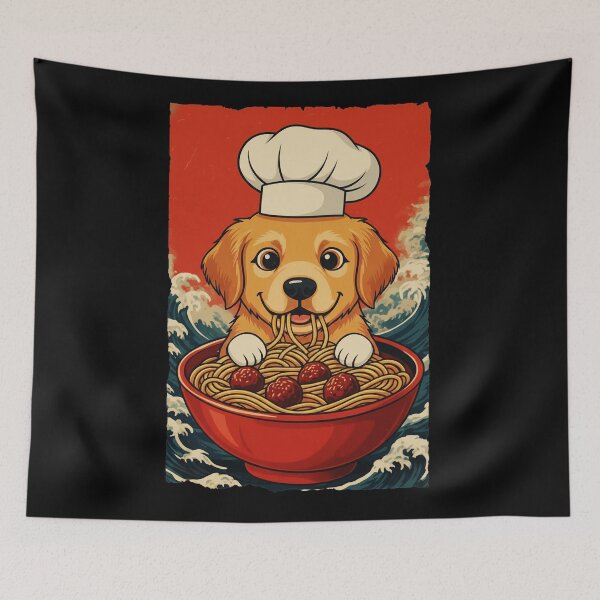 Item preview, Funny Golden Retriever Chef Eating Spaghetti in Cute Retro designed and sold by JordynLadukeg65.