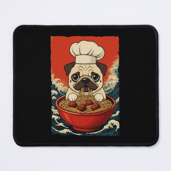 Item preview, Funny Pug Chef Eating Spaghetti With Retro Japanese Wave Background designed and sold by JordynLadukeg65.