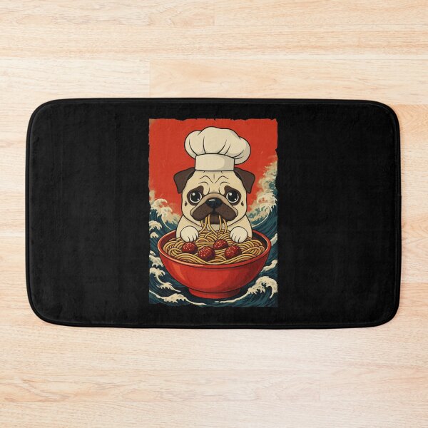 Item preview, Funny Pug Chef Eating Spaghetti With Retro Japanese Wave Background designed and sold by JordynLadukeg65.
