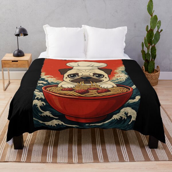 Item preview, Funny Pug Chef Eating Spaghetti With Retro Japanese Wave Background designed and sold by JordynLadukeg65.