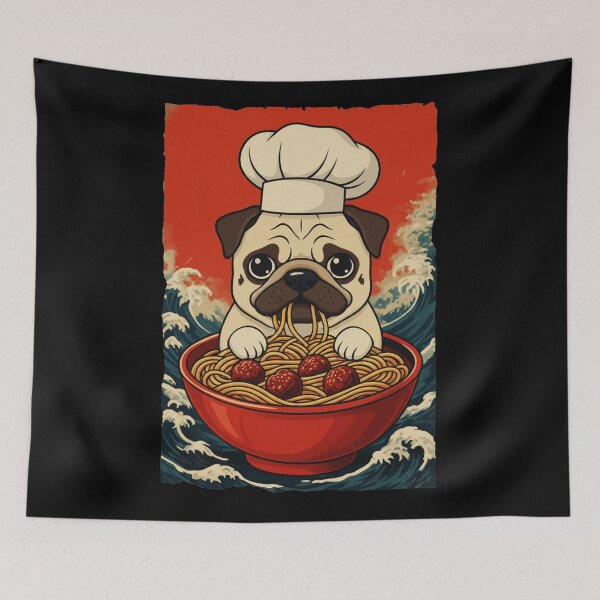 Item preview, Funny Pug Chef Eating Spaghetti With Retro Japanese Wave Background designed and sold by JordynLadukeg65.
