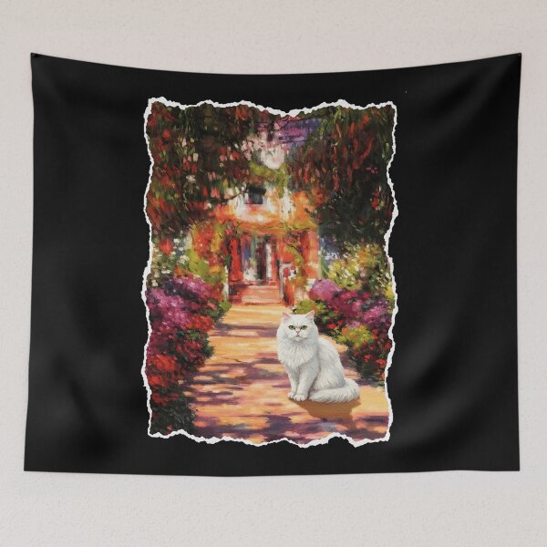 Item preview, White Cat in Dreamy Garden Path With Painterly Cottagecore Atmosphere designed and sold by JordynLadukeg65.