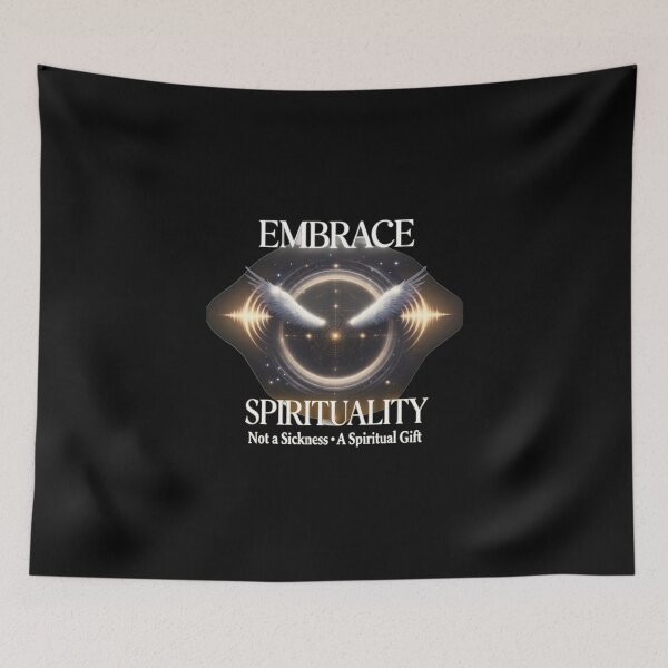 Item preview, “Embrace Spirituality – Not a Sickness • A Spiritual Gift     > Created with Grok Imagine by xAI ✨     > Mystical angel wings, golden sound waves & celestial glow for spiritual awakening. designed and sold by The imaginary unit..