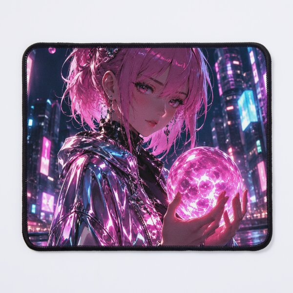 Item preview, Cyberpunk Anime Girl Pink Hair Glowing Orb Neon Tokyo Chrome Aesthetic designed and sold by miubiyori.