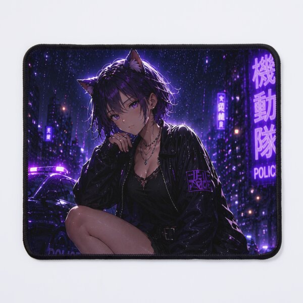 Item preview, Purple Riot Catgirl – Neon Police Cyberpunk Anime Art designed and sold by RinaWorksJP.