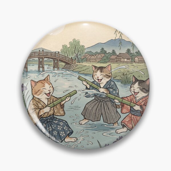 Item preview, Kitten Water Gun Fight in a Summer River — Koneko no Kawaasobi Mizudeppou Zu | Japanese Ukiyo-e Cat Art designed and sold by Ukiyo Neko Hyakkei - Cats of the Floating World-.