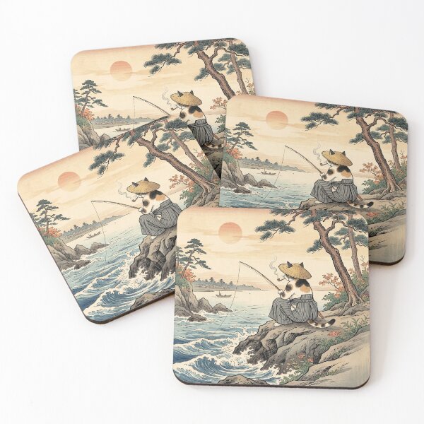 Item preview, Cat Fishing on a Rocky Shore at Sunset — Neko no Isozuri Yuukei Zu | Japanese Ukiyo-e Cat Art designed and sold by Ukiyo Neko Hyakkei - Cats of the Floating World-.