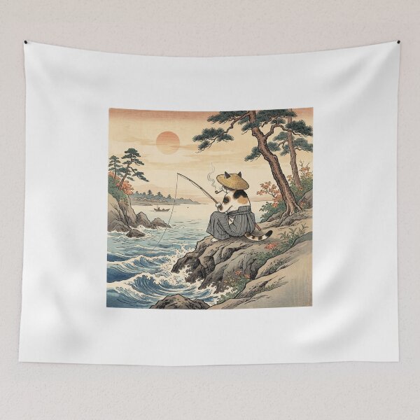 Item preview, Cat Fishing on a Rocky Shore at Sunset — Neko no Isozuri Yuukei Zu | Japanese Ukiyo-e Cat Art designed and sold by Ukiyo Neko Hyakkei - Cats of the Floating World-.