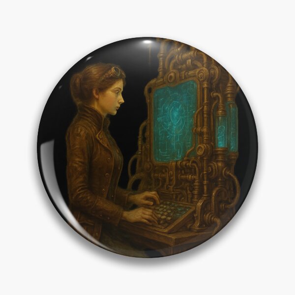 Item preview, Steampunk Operator – Retro Futuristic Woman at Machine designed and sold by OrbitOfMind.