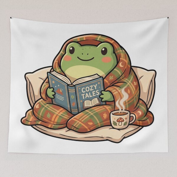 Item preview, Cozy Reading Frog – Blanket, Book & Tea Mug Cute Cartoon Aesthetic designed and sold by ArtsyExplorer.