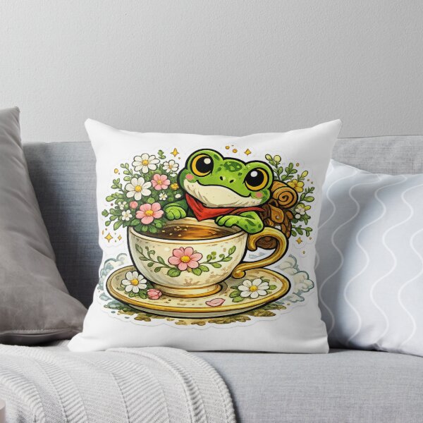 Item preview,  Frog with teacup , cozy cottagecore with flowers design designed and sold by ArtsyExplorer.