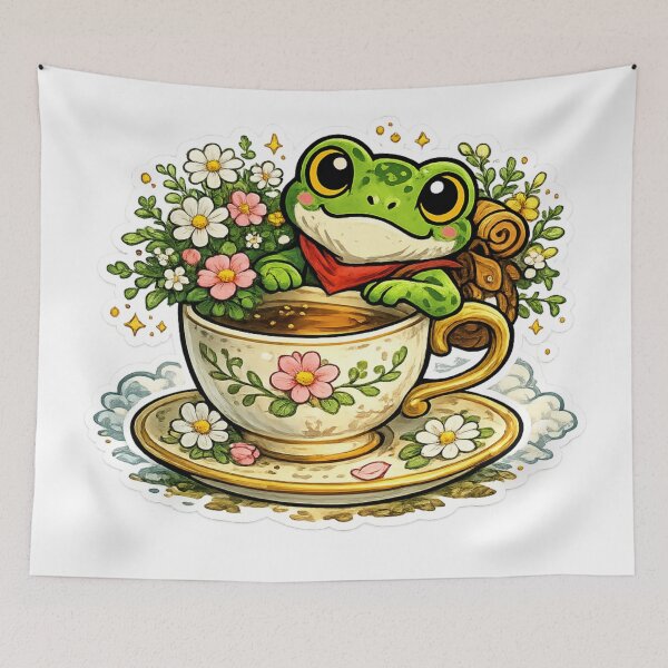 Item preview,  Frog with teacup , cozy cottagecore with flowers design designed and sold by ArtsyExplorer.