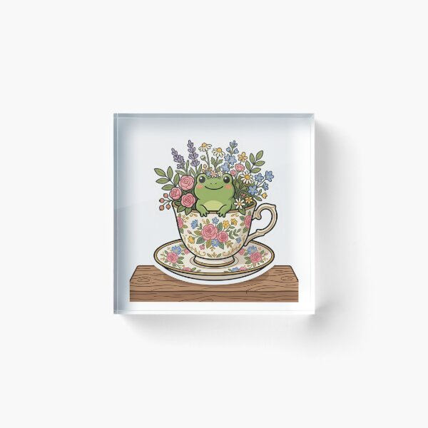 Item preview, Frog sitting inside teacup with flowers, cozy cottagecore design designed and sold by ArtsyExplorer.