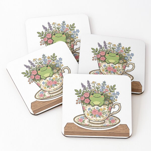 Item preview, Frog sitting inside teacup with flowers, cozy cottagecore design designed and sold by ArtsyExplorer.