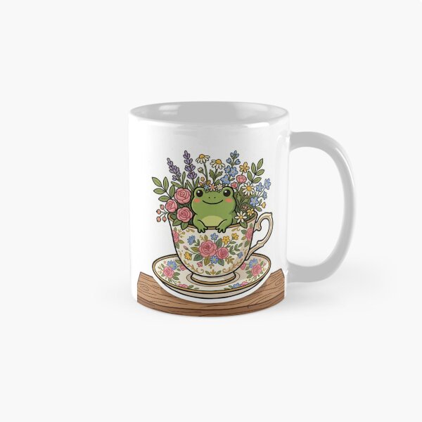 Item preview, Frog sitting inside teacup with flowers, cozy cottagecore design designed and sold by ArtsyExplorer.