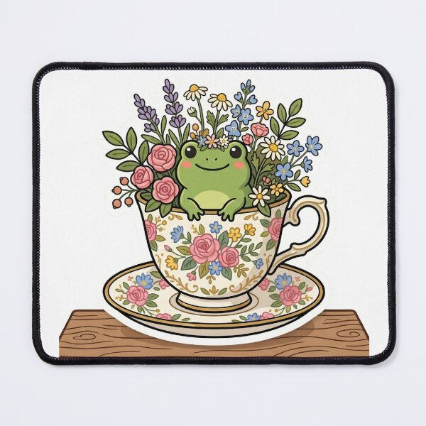 Item preview, Frog sitting inside teacup with flowers, cozy cottagecore design designed and sold by ArtsyExplorer.