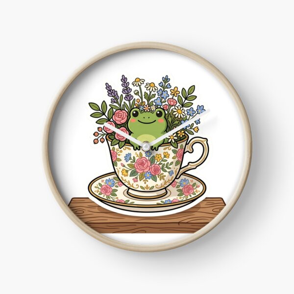 Item preview, Frog sitting inside teacup with flowers, cozy cottagecore design designed and sold by ArtsyExplorer.