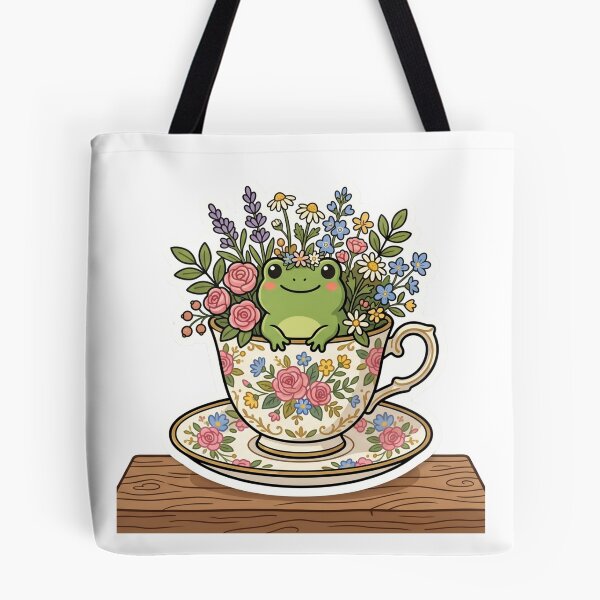 Item preview, Frog sitting inside teacup with flowers, cozy cottagecore design designed and sold by ArtsyExplorer.