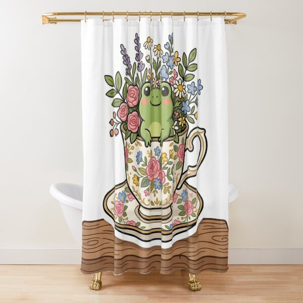 Item preview, Frog sitting inside teacup with flowers, cozy cottagecore design designed and sold by ArtsyExplorer.