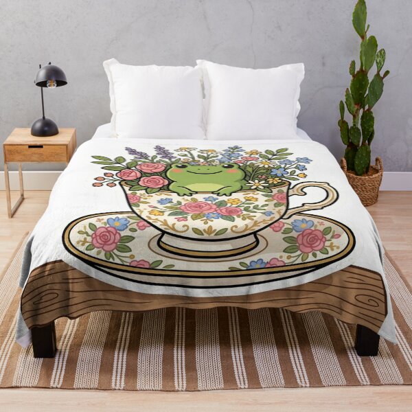 Item preview, Frog sitting inside teacup with flowers, cozy cottagecore design designed and sold by ArtsyExplorer.