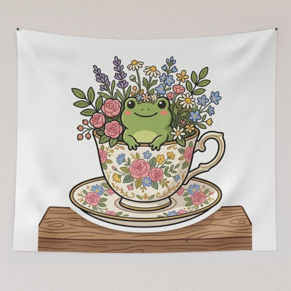 Item preview, Frog sitting inside teacup with flowers, cozy cottagecore design designed and sold by ArtsyExplorer.