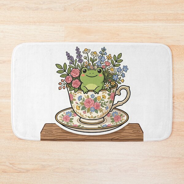 Item preview, Frog sitting inside teacup with flowers, cozy cottagecore design designed and sold by ArtsyExplorer.