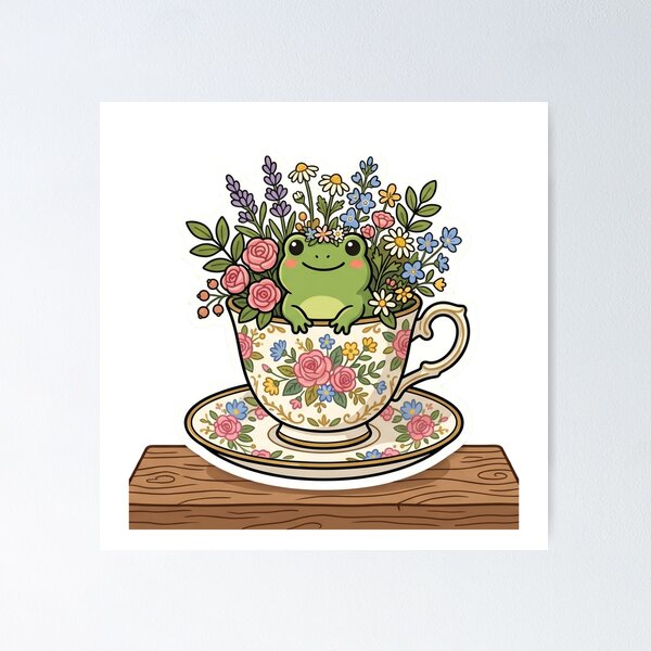 Item preview, Frog sitting inside teacup with flowers, cozy cottagecore design designed and sold by ArtsyExplorer.
