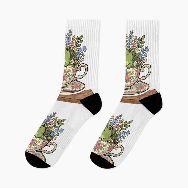 Item preview, Frog sitting inside teacup with flowers, cozy cottagecore design designed and sold by ArtsyExplorer.