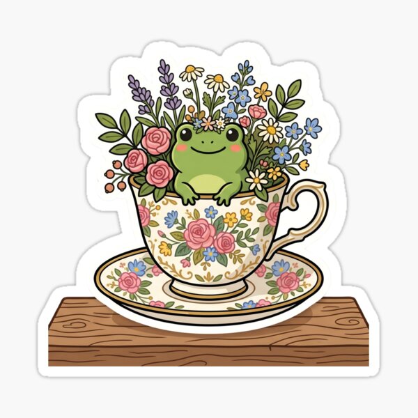Item preview, Frog sitting inside teacup with flowers, cozy cottagecore design designed and sold by ArtsyExplorer.