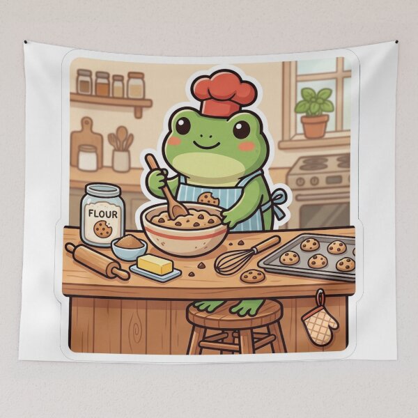 Item preview, Frog baking cookies in kitchen, cute baking frog designed and sold by ArtsyExplorer.