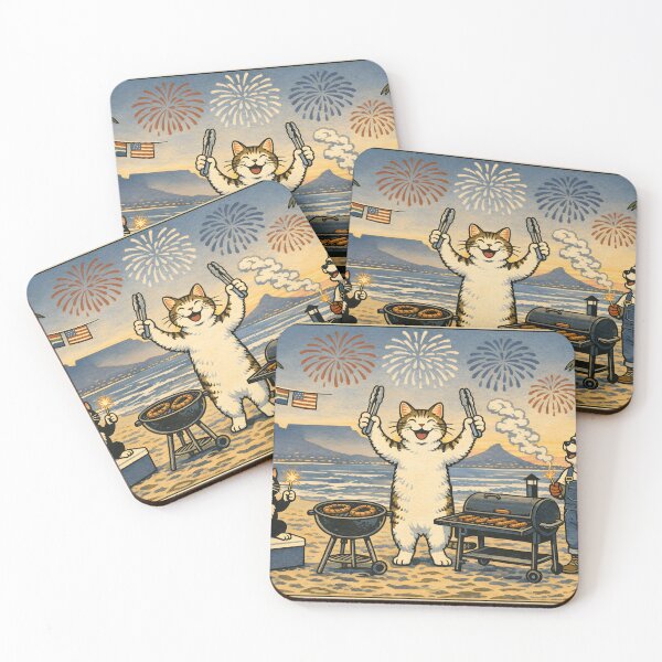 Item preview, 4th of July Beach Cookout Cat Woodblock Sticker designed and sold by Tijger Cats.