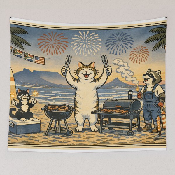 Item preview, 4th of July Beach Cookout Cat Woodblock Sticker designed and sold by Tijger Cats.