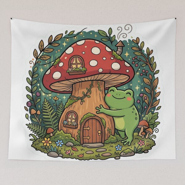 Item preview, Fairy Tale Frog Hugging Mushroom House – Cozy Forest Cartoon Aesthetic designed and sold by ArtsyExplorer.
